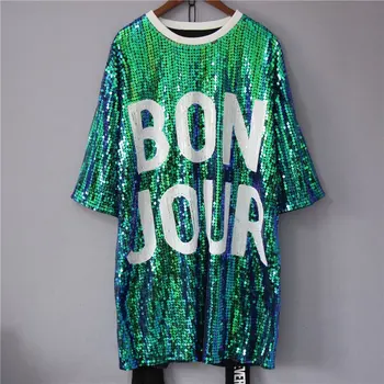 

Summer Women Stage Costume 3/4 Sleeves Loose Sequin T-shirt Dress Street Hip-Pop Mesh Oversized Casual Long Tee French BonJour