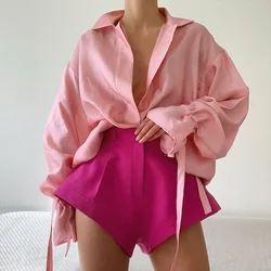 Cintura alta larga perna shorts feminino sólido quente shorts verão moda chique alta corte alargamento shorts senhora do escritório 2020 verão