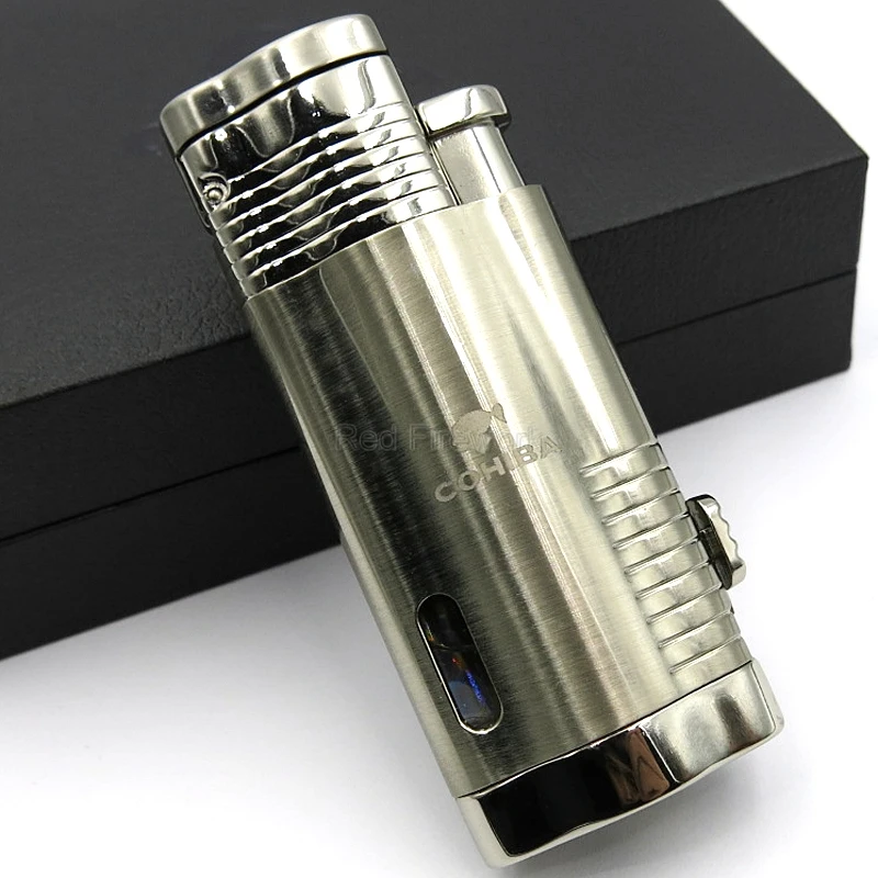 COHIBA Высококачественная ветрозащитная металлическая сигаретная зажигалка, 3 фонарь, зажигалка с пламенем, зажигалка для сигар, резак для сигар, подарочный набор