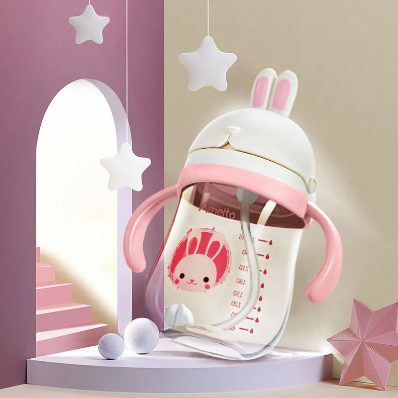 Cute Rabbite Baby Feeding Cup with Straw Pp Bottle Children Learn Drinking Handle Kids Water Bottles Training | Мать и ребенок