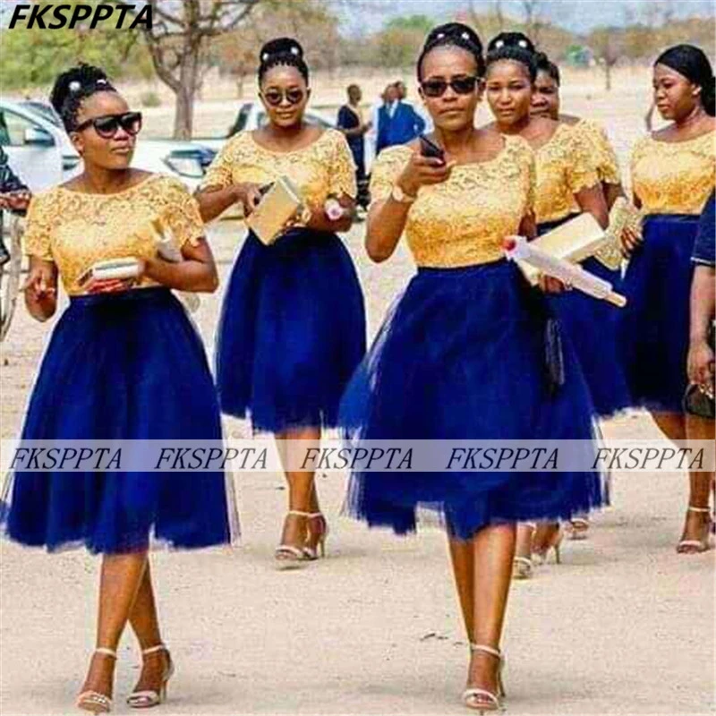 Vestidos de dama de Honor cortos de color Azul Real, Top de encaje dorado,  línea A, vestidos de fiesta de boda de damas de Honor de Sudáfrica de talla  grande|Vestidos para dama