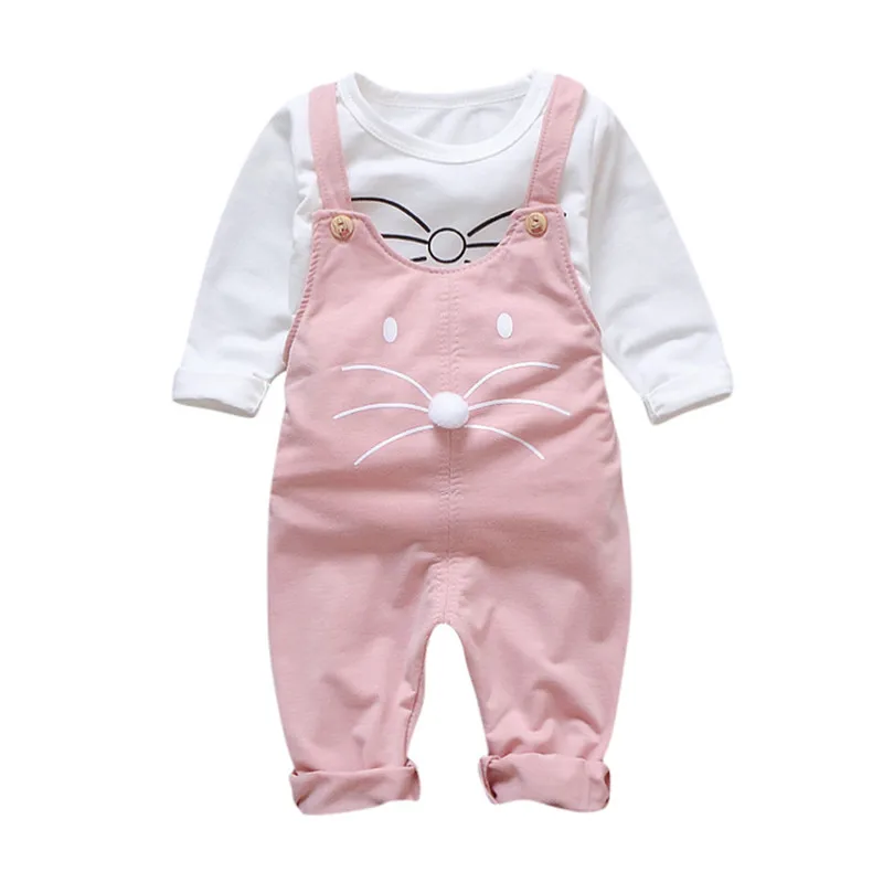 Pink Cutev/Одежда для маленьких девочек; Милая футболка с рисунком; комбинезон; штаны на подтяжках; комплект одежды - Цвет: Pink