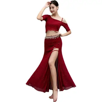 

Belly Dance Practice Set T-shirt +long Dress Suit Sexy Single Shoulder Large Size Red Dance Beginner Clothing 2020 New