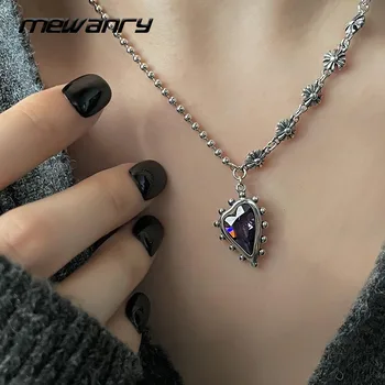 MEWANRY 925 Sterling Silver Splicing Chain Necklace Trendy Vintage Creative Purple LOVE Heart Zircon Party Jewelry Birthday Gift