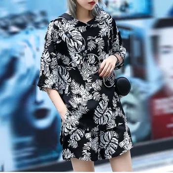 

XUXI Women Fashion Suit 2019 Print Autumn Wide Leg Pants Two Piece New Hooded Three-quarter Sleeve Spring Loose Tide FZ0028