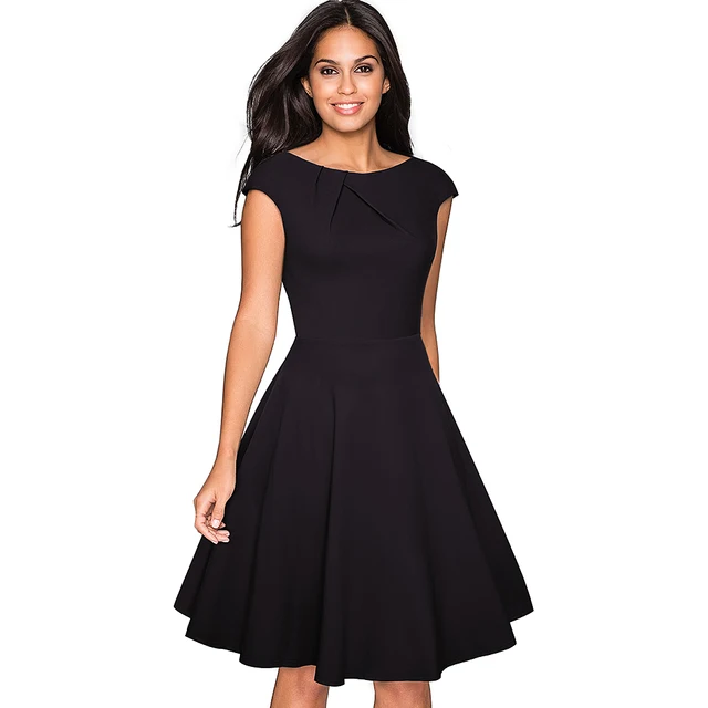 Nice-forever Vintage Solid Color Elegant Dresses with Cap Sleeve A-Line Pinup Women Flare Swing Dress A067 3