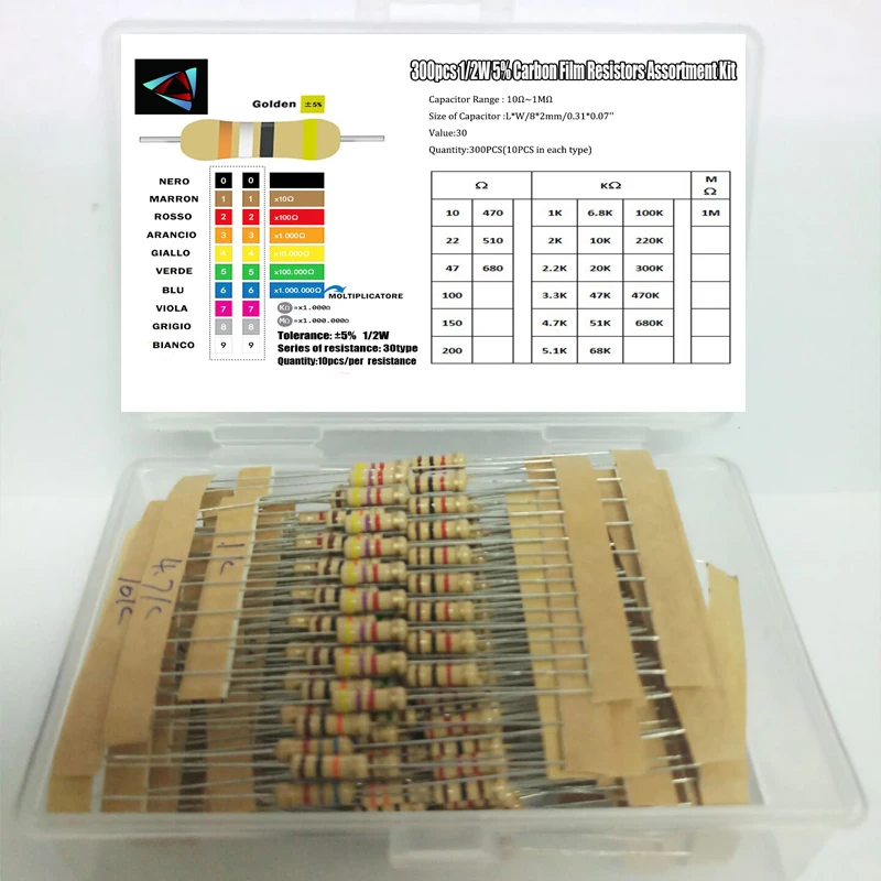Kit Assortito Di Resistenze A Film Metallico 400 Pezzi – 1/2 Watt, Da 10 Ohm A 1 MOhm, 16 Valori, Tolleranza 5%