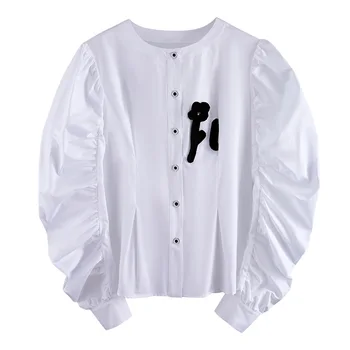 

WOMENGAGA NEW Flower Patch Cloth Palace Style Round Neck Pleated Bubble Sleeve Shirt Women Single-breasted Casual Solid A586