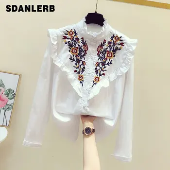 

Striped Shirt Female Long Sleeve 2020 Spring New Korean-Style Top Ruffles Flower Embroidery Women's Blouses and Tops Blusas Top