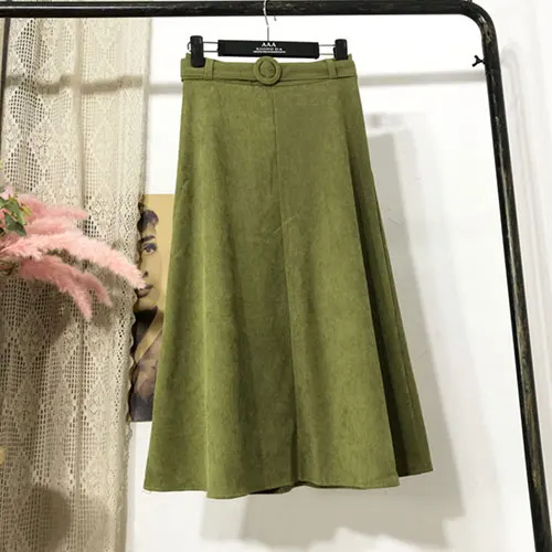 Женская Элегантная длинная юбка TIGENA, трапециевидная юбка с ремнем и высокой талией для женщин на осень-зиму - Цвет: Зеленый