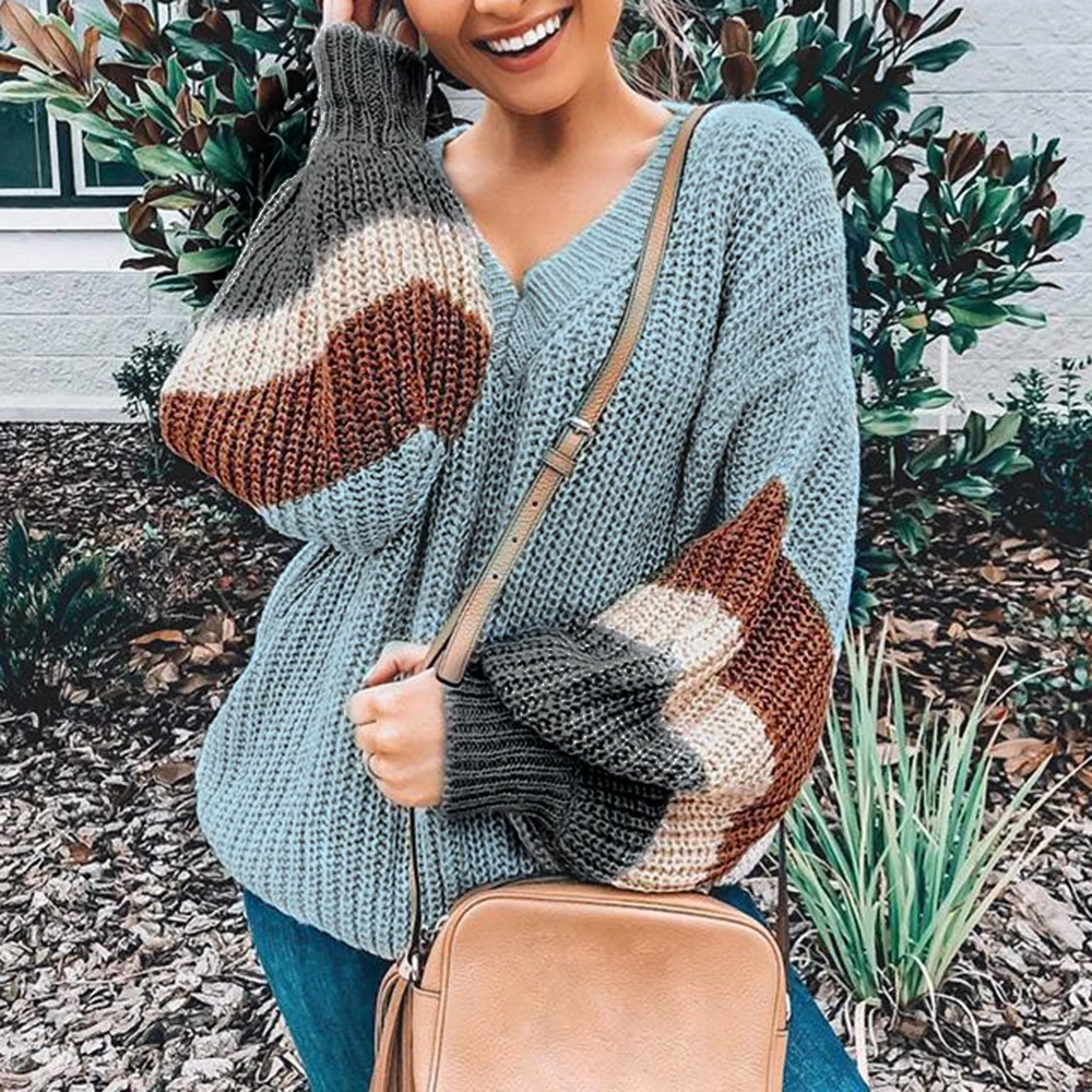 V Neck Plus Jumper Women's Sweater 2019 Winter Patchwork Loose Lantern Sleeve Streetwear Stripe Women's Jumper Female Pullover