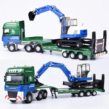 

1:50 Alloy Car Engineering Flat Trailer With Excavator Model Toy Car Desktop Decoration Hobby Collection Children Gift