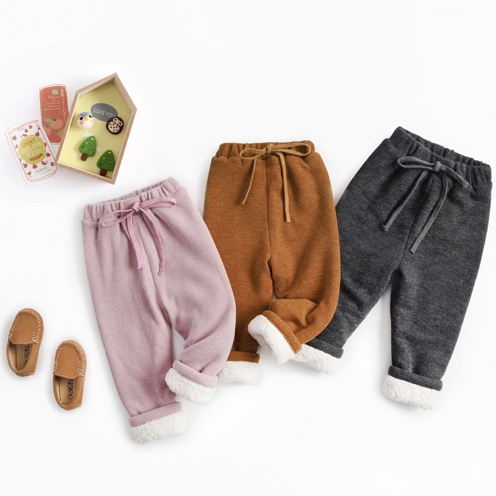 Baby Autumn And Winter Sunken Stripe Pants Brushed And Thick Men And Women Small CHILDREN'S Warm Trousers Berber Fleece Infant C