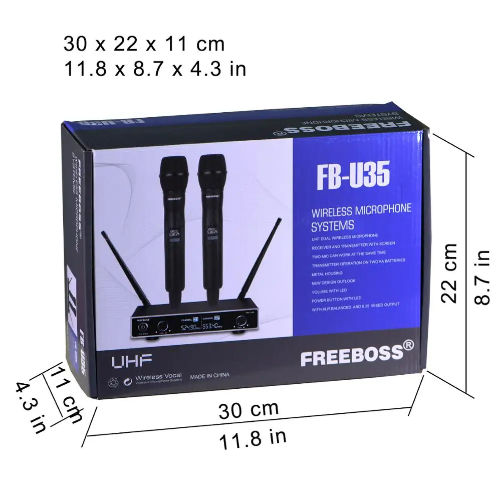 Freeboss 2 웨이 UHF 고정 주파수 전문 무선 다이나믹 마이크 가라오케 시스템 2 핸드 헬드 마이크 (수신기 포함) FB-U35