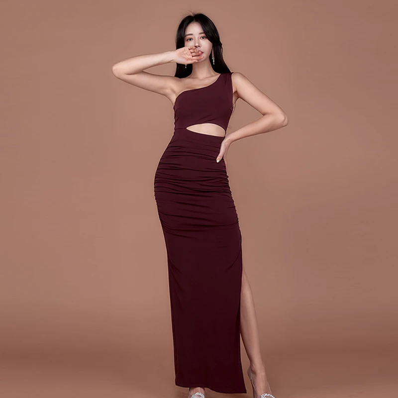 

2020 spring new Korean version of the temperament oblique collar off-the-shoulder slim high waist slim dress