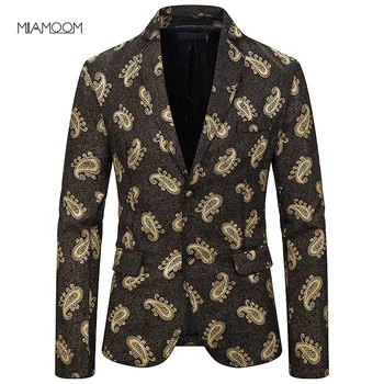 

MIAMOOM Men Blazer Jacket Suit Slim Fit Cashew Flower Gold Printed Suit Jacket