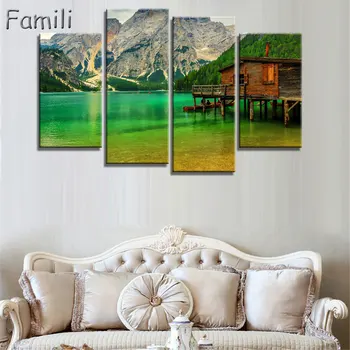 

4 panel canvas art landscape canvas painting barn rocky mountains paintings Free shipping,christmas decorations for home