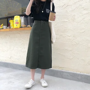 

Vintage Denim Midi Skirts For Women 2020 Knee Length Saia Jeans Skirt Women A Line High Waist Skirt Denim Skirt Summer