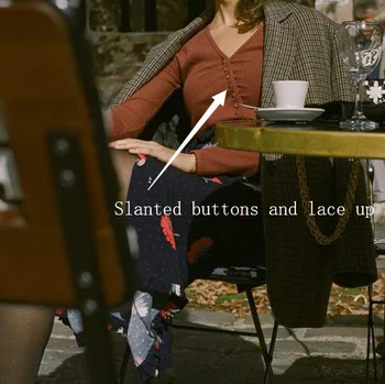 

Women Slanted Buttons Knitwear French Style Lace Up Slim V Neck Long Sleeve Knitted Tops