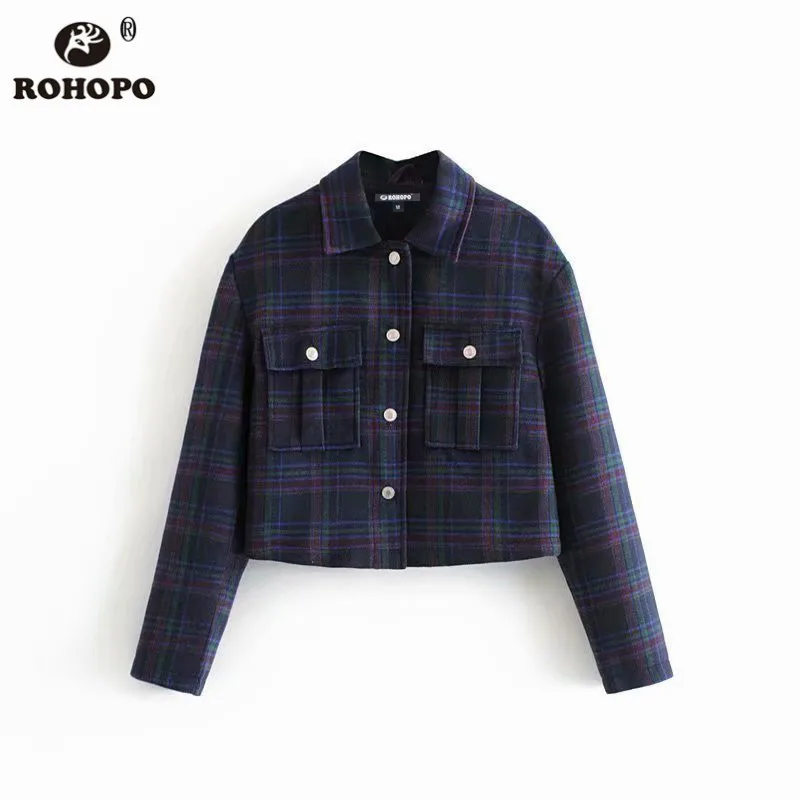 

ROHOPO Tweed Fabric Front Flaps Welted Pockets Plaid Blue Jacket Long Sleeve Autumn Ladies Slim Thick Coat #6975