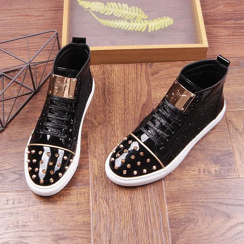 Fashion men sequins rivet Sheet metal Casual Platform high top shoes Flats Male Designer prom Dress Loafers Shoes zapatos hombre