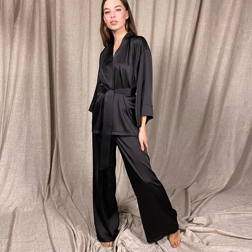 Pantalon de Pyjama en Satin Noir pour femmes, haut à manches