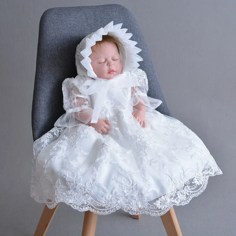 Роскошное белое платье на крестины с кружевной аппликацией для маленьких девочек; платье для крещения; платье на крестины с кружевной аппликацией и круглым вырезом для малышей