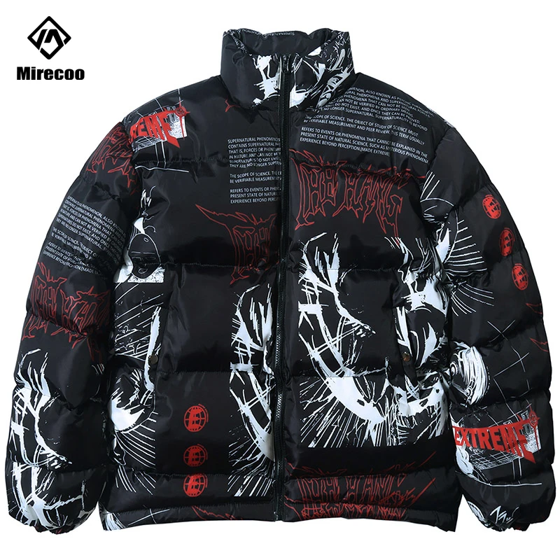 Goedkoop Parka Donsjack Japanse Cartoon Graffiti Print Mannen Winter Gewatteerde Jas Windjack Streetwear Harajuku Jas Hiphop Uitloper