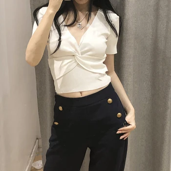 

V-Neck Women Knitted T Shirt Ladies Knitwear Short Sleeve Pleated Knitted Sweater Short Sleeve Bottoming Shirt Pullover Top