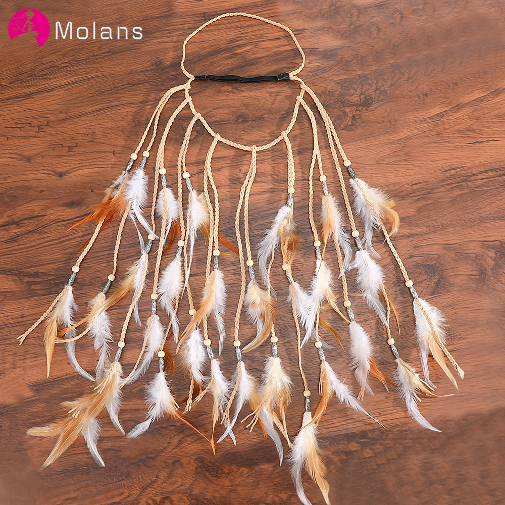 

Molans New Bohemian Feather Headband Scrunchies Elastic Hair Bands Women Girl Weaving Hair Accessories Hair Rope Gum Rubber Band