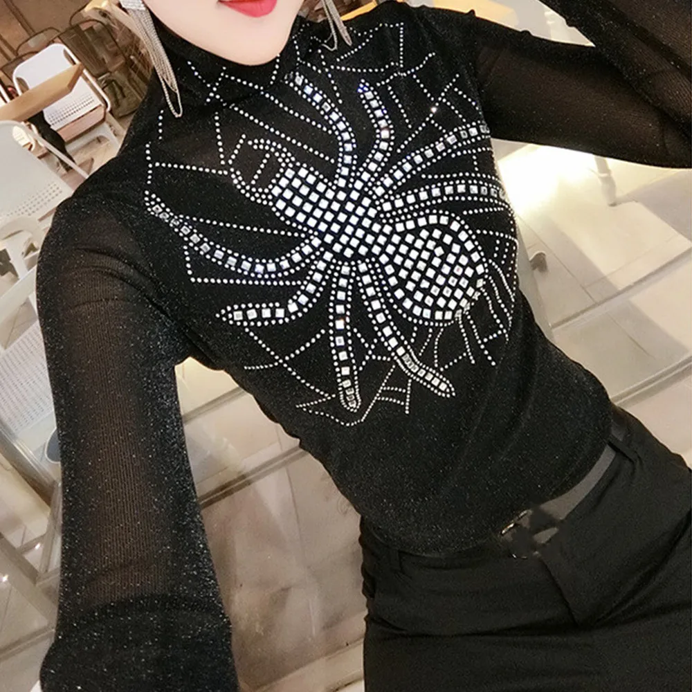 

winter autumn turtleneck long sleeve pullovers tops t-shirts for women tulle top t-shirt basic diamond shirts black blue spider
