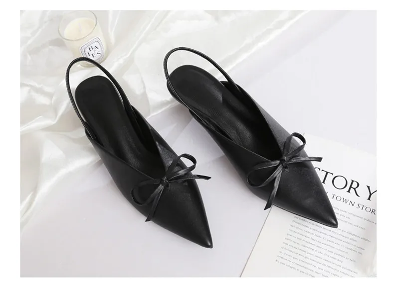 Genuine Leather White Black Ladies Wedding Shoe Sexy Pointed Toe Bowtie Party Shoes Slingback Pumps Women Slip On Yellow Sandals