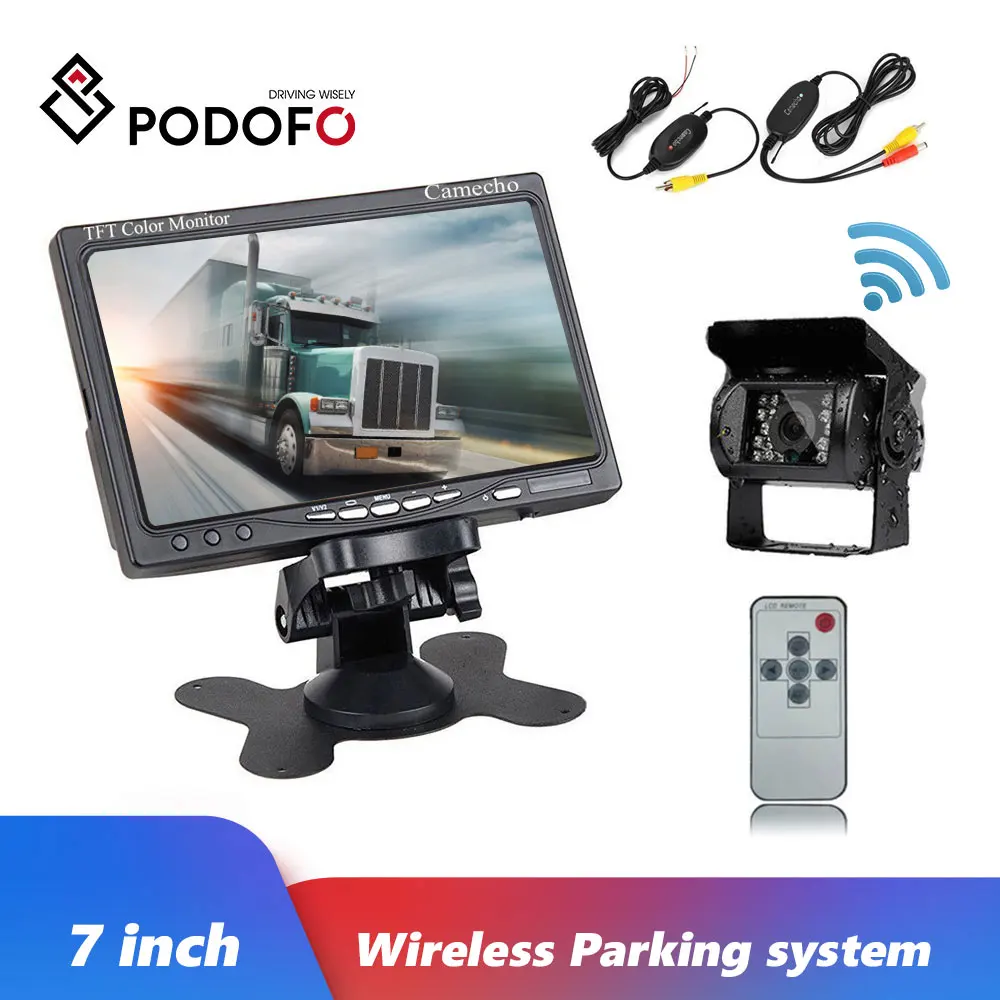 

Podofo 12V 24V Wireless Car Rear View Backup Camera IR Night Vision Kit + 7" TFT LCD Monitor For Truck Trailers Campers Bus RV