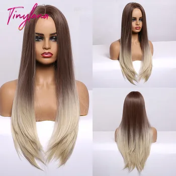 

TINY LANA Super-Long Straight Silky Hair Gradient brown to blonde Mixed Color Synthetic Wigs Natural for women Heat Resistant