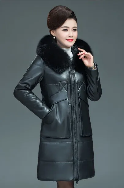 Женская кожаная куртка с меховым воротником с капюшоном элегантное пальто из искусственной кожи пуховое хлопковое Стеганое теплое пальто больших размеров DS50966