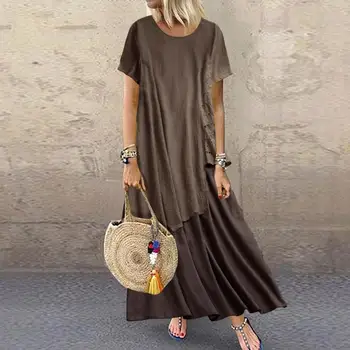 

ZANZEA Women Summer Short Sleeve Maxi Long Dress Casual Patchwork Cotton Linen Sundress Plus Size Kaftan Vestido Loose Dresses