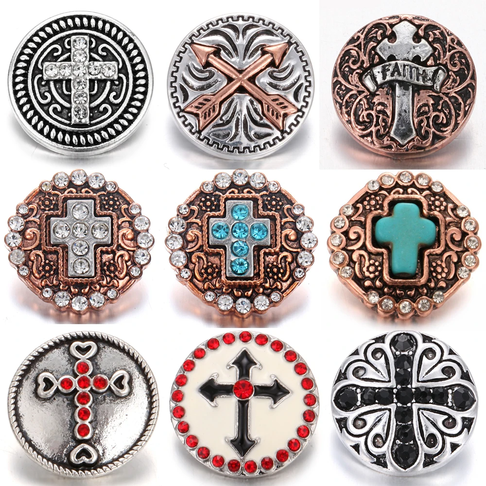 

6pcs/lot New Snap Jewelry Rhinestone 18mm Cross Snap Buttons Fit 20mm 18mm Snap Button Bracelet Interchangeable Jewelry
