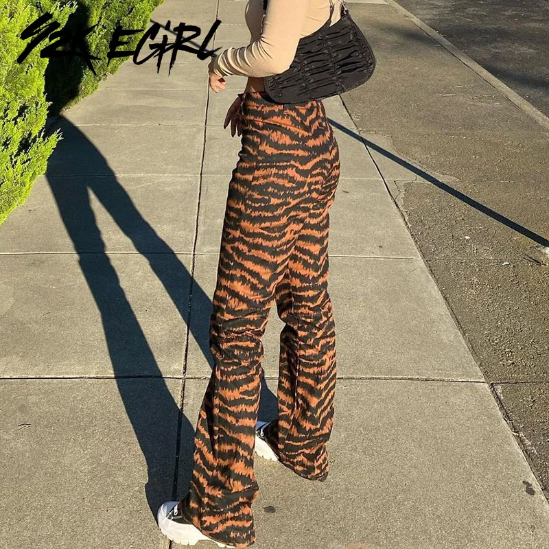 

Y2K EGIRL Punk Aesthetics Tiger Pattern High Waist Long Pants Vintage 90s Streetwear Printing Straight Trousers Festival Outfits
