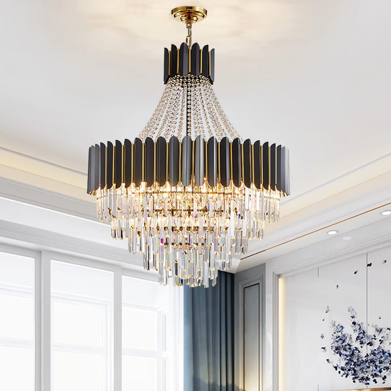

Large black chandelier,gift LED bulb,height adjustable,crystal chandelier for hotel villa lobby spiral staircase
