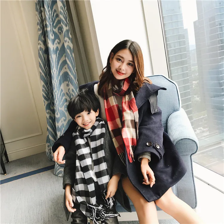 Осенне-зимний Корейский детский плотный шарф для родителей и детей, длинный шарф, теплая шаль с воротником в клетку
