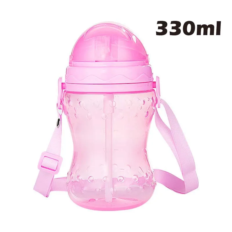 330ml Pink Strap 240 330 мл детские чашки милые дети учатся питьевой воды соломенная ручка бутылка обучение напиток школьная еда, Молоко бутылки - Цвет: 330ml Pink Strap