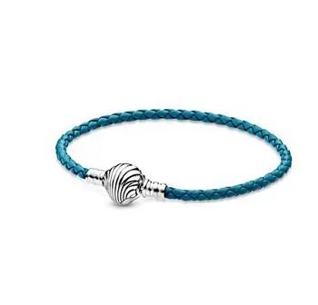 

925 Sterling Silver Beads Bracelets Fit Pan Moments Seashell Clasp Turquoise Braided Leather Bracelet 2020