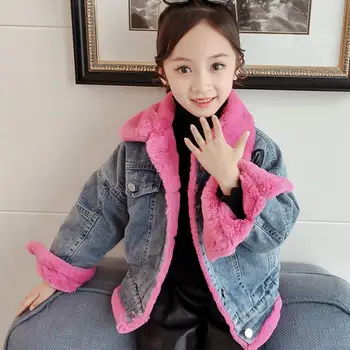 

Children denim Plus velvet coats 2019 winter new warm thicken jackets girls fur coats kids outerwear teenage tops 4-14Y ws 1183