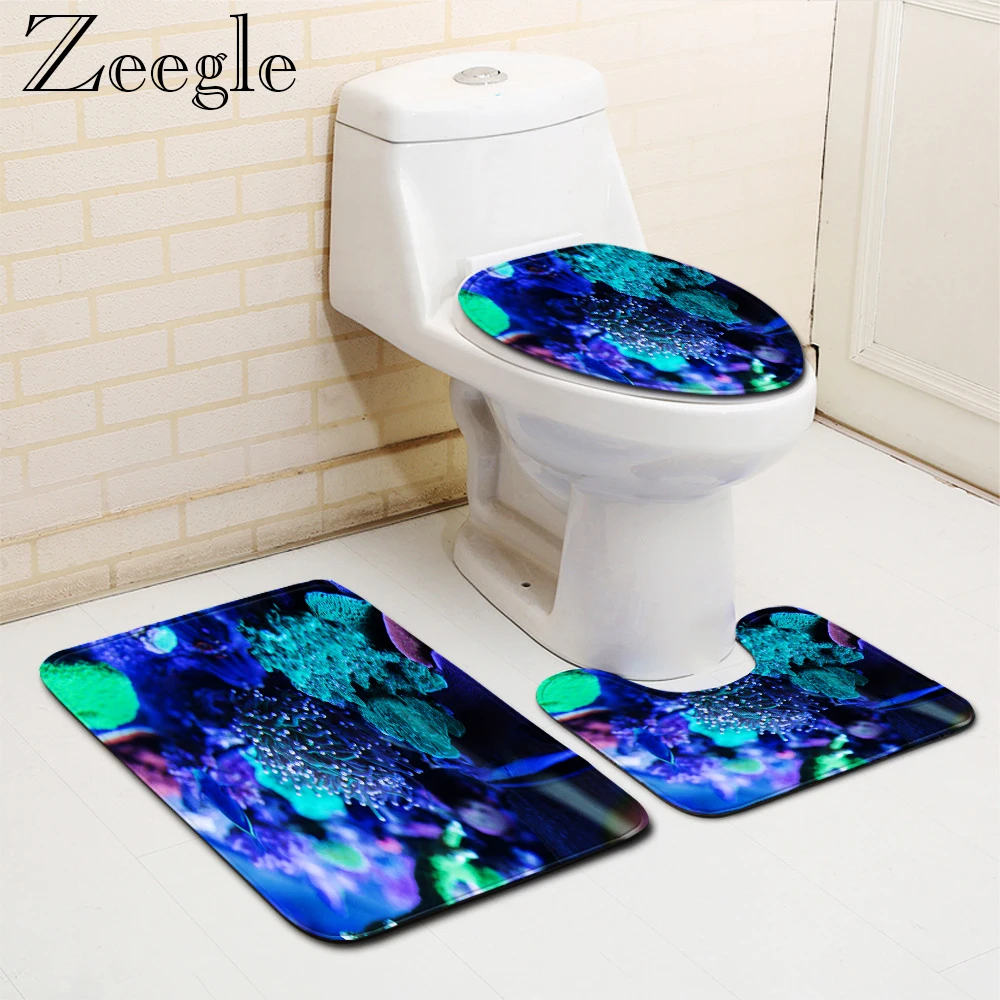Zeegle 3pcs Bathroom Carpet Set Underwater World Printed Toilet Cover Seat Mat Absorbent Bathroom Shower Mat Toilet Pedestal Rug
