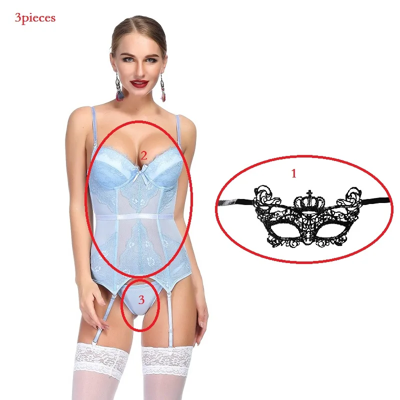 Women sexy Lingerie Bustier Set Basque Temptation Erotic Underwear Transparent Lace Waist trainer Push Up Corset - Цвет: style2 light blue