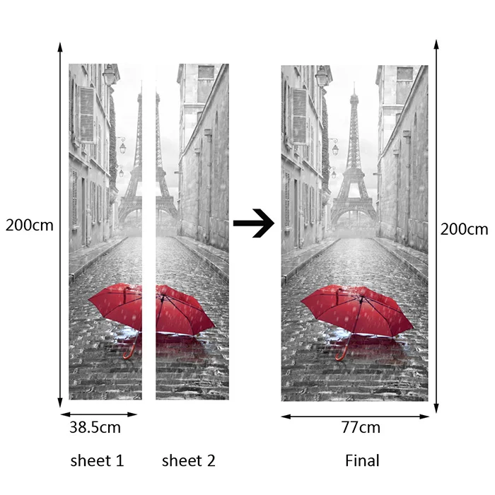 3D Эйфелева башня Парижа печать виниловые, на дверь стикер стены DIY Фреска дождь красные Зонты украшения коридора 77*200 см