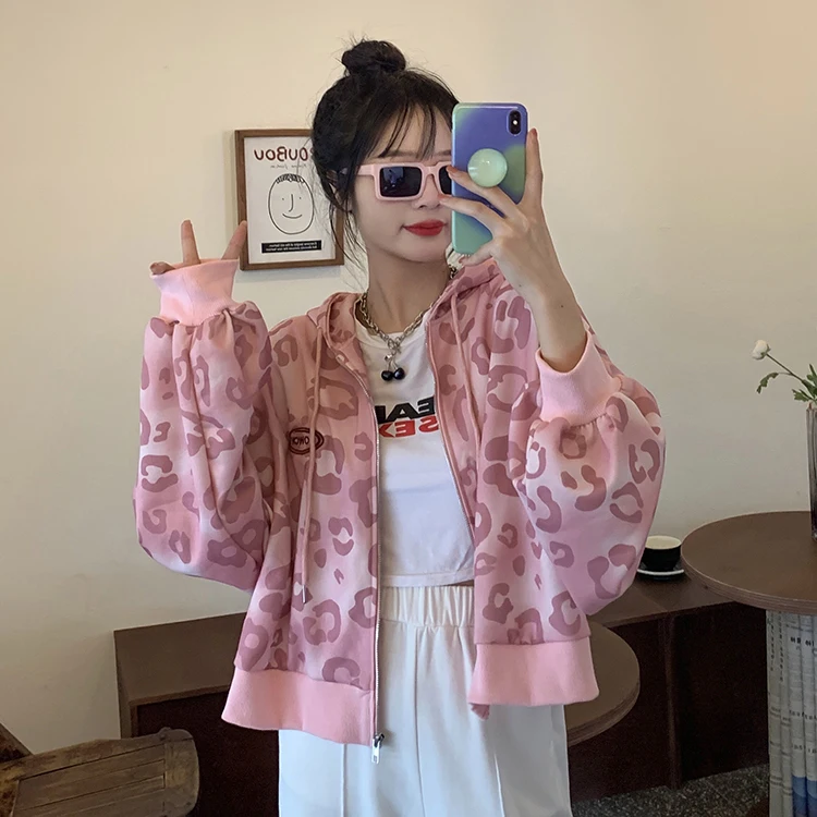 Hikikawa 甘いピンクヒョウ柄パーカー女性 2025 Ropa デ Mujer