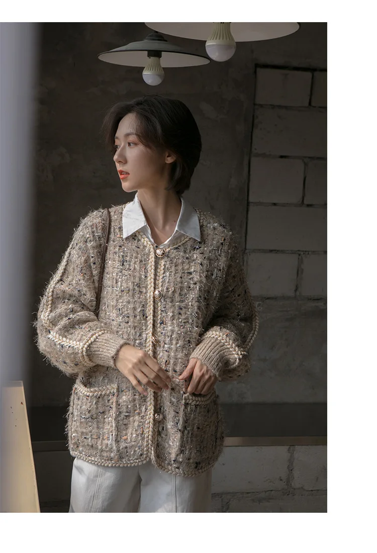 TVVOVVIN Autumn Concise Small Real Easy Long Sleeve Single Row Buckle Hemp Flowers Edge Sweater For Girl Woman ZX164