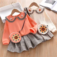 Платье принцессы для колледжа милый детский вязаный свитер+ Детские платья в клетку для девочек, вечерние, свадебные комплекты одежды комплект детской одежды