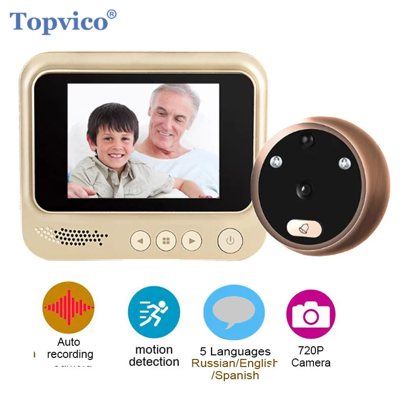 Topvico-visor de puerta con mirilla y vídeo detección de movimiento, timbre electrónico, cámara de seguridad, Ojo de vídeo, foto automática, batería de litio